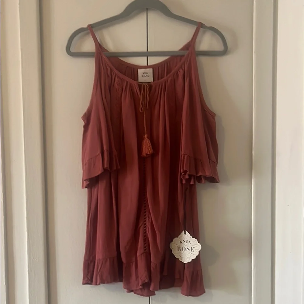 Flowy Ruffle Cold Shoulder Top in Rust - Picture 1 of 5